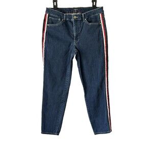 Tommy Hilfiger Tribeca Skinny Jeans Womens Sz 12 Dark Wash Side Stripe Red White